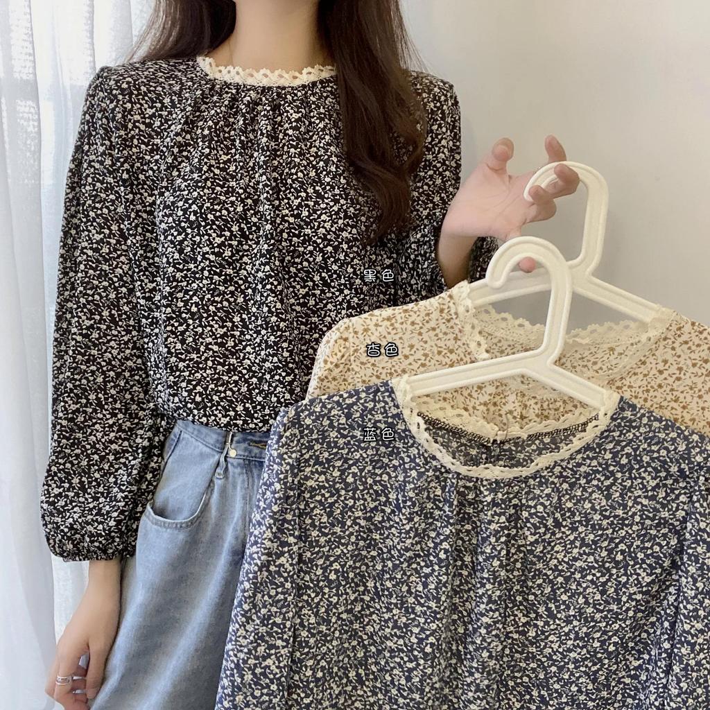 Red Berry เสื้อชีฟองแขนยาวพิมพ์ลายดอกไม้ สไตล์เกาหลี สำหรับผู้หญิง ตกแต่งด้วยลูกไม้#W744