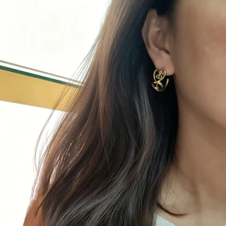เกาหลี Double Heart CD Star Pearl Hoop ต่างหู Elegant Gold Hollow Love ต่างหู Minimalist แฟชั่นเครื่องประดับ