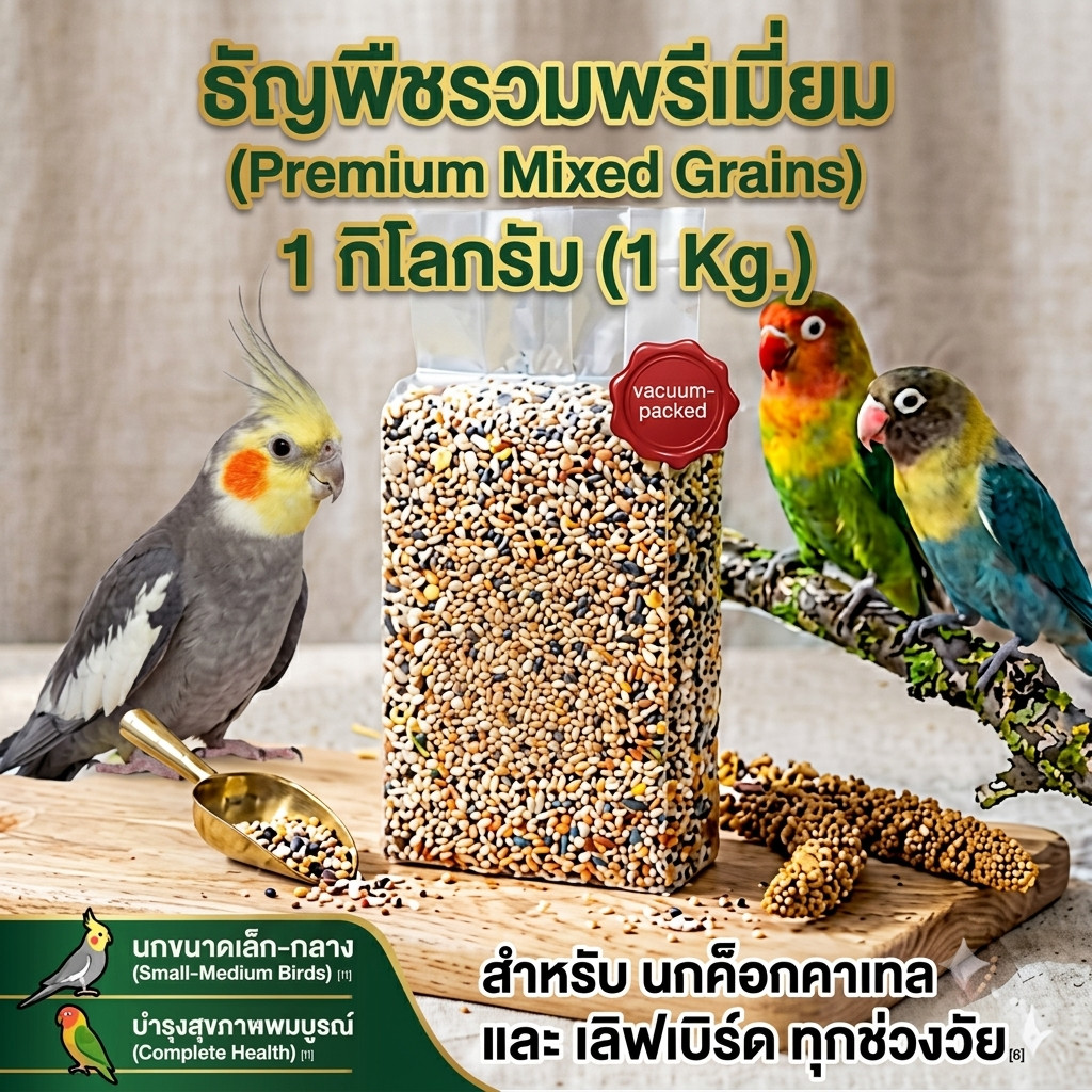 อาหารนก ธัญพืชรวม 1-3 ถุง แพ็คสูญญากาศ สูตร สำหรับ นกค็อกคาเทล & นกเลิฟเบิร์ด ทุกช่วงวัย 1 Kg. Avin