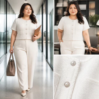 เสื้อครอปทวีดสาวอวบ มีไซส์ S-XL ดีเทลกระดุมมุก ผ้าทอผสมกลิตเตอร์วิ้งๆ หุ่นเพรียวสับ