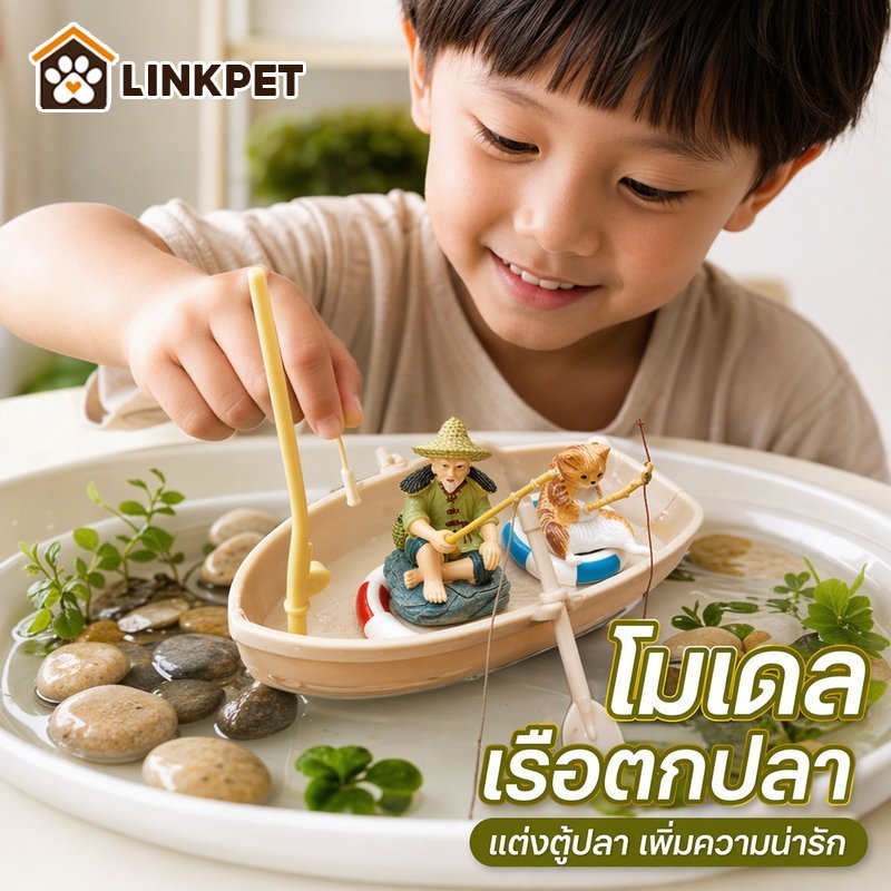ชุดตกแต่งตู้ปลา ลอยน้ำ 3 ชิ้น เรือประมง ชายชรา แมว เรซิน ภูมิทัศน์ อุปกรณ์แต่งตู้ปลา