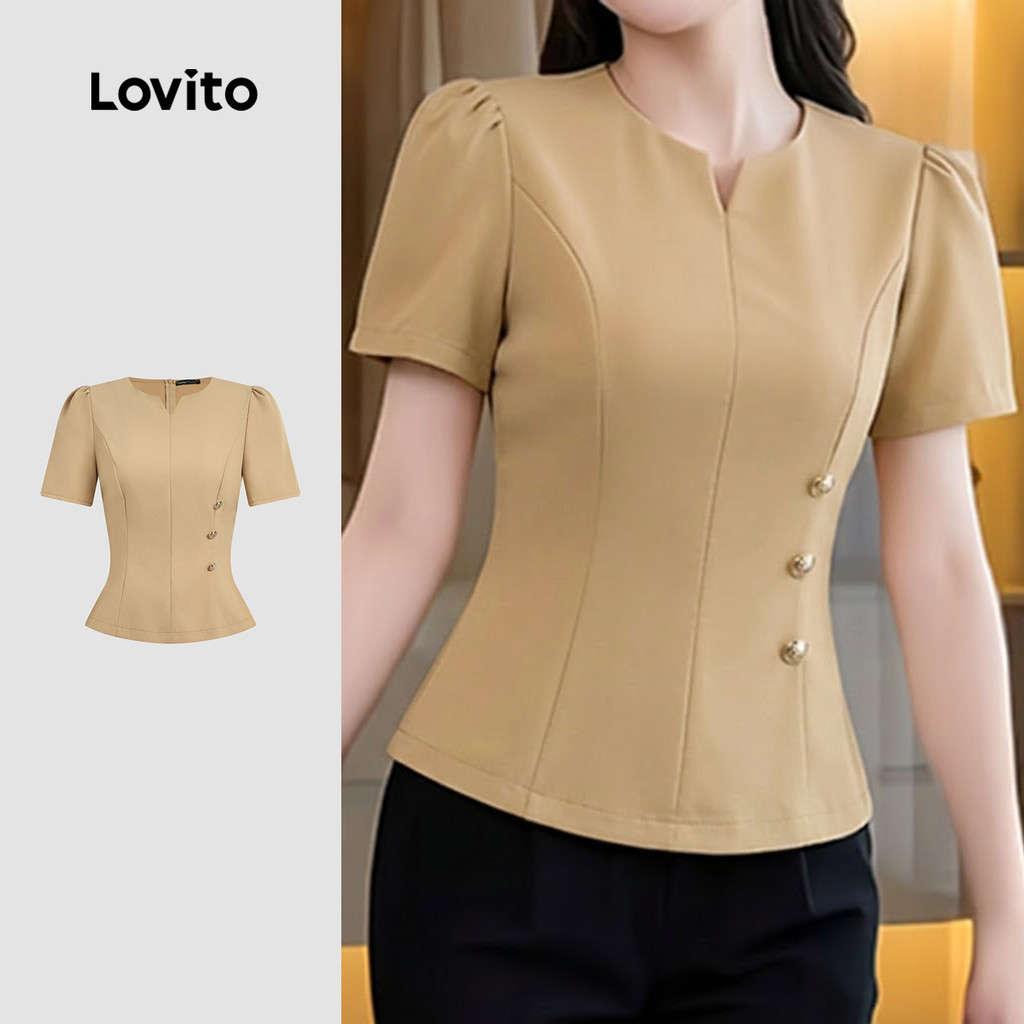 Lovito เสื้อเบลาส์ผู้หญิงฤดูร้อนสีคากี แบบจีบเรียบหรู LK6ED280