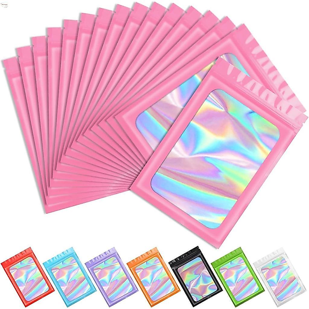 Mxbeauty 50 ชิ้นกลิ่นหลักฐานสีชมพู Mylar ถุงโฮโลแกรมถุงบรรจุภัณฑ์,4.33x7.48inch Clear Resealable กลิ่นหลักฐานถุงฟอยล์ถุงสำหรับการเก็บอาหาร,ลิปกลอส,เครื่องประดับ,บรรจุขนตาธุรกิจขนาดเล็ก