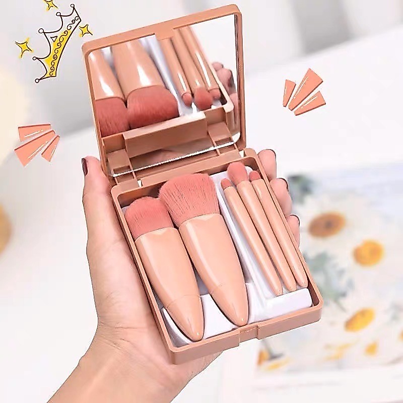 V-shop：เซ็ตแปรงแต่งหน้า 5ชิ้น ขนแปรงนุ่ม คุณภาพสูง พร้อมกระจก [พร้อมส่งจากไทย]