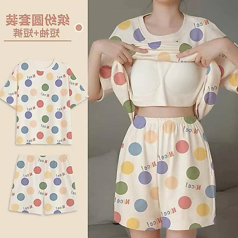 พร้อมส่งชุดนอนแขนสั้นขาสั้นคอกลมมีบราในตัว