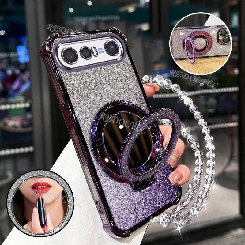 เคส VIVO X300 FE 5G ใหม่Gradient Glitterปลอกพร้อมกระจกแต่งหน้าที่วางขาตั้งแม่เหล็กVIVO X300FEป้องกันเลนส์พร้อมวงเล็บเชือกเส้นเล็กฝาครอบโทรศัพท์กันกระแทก