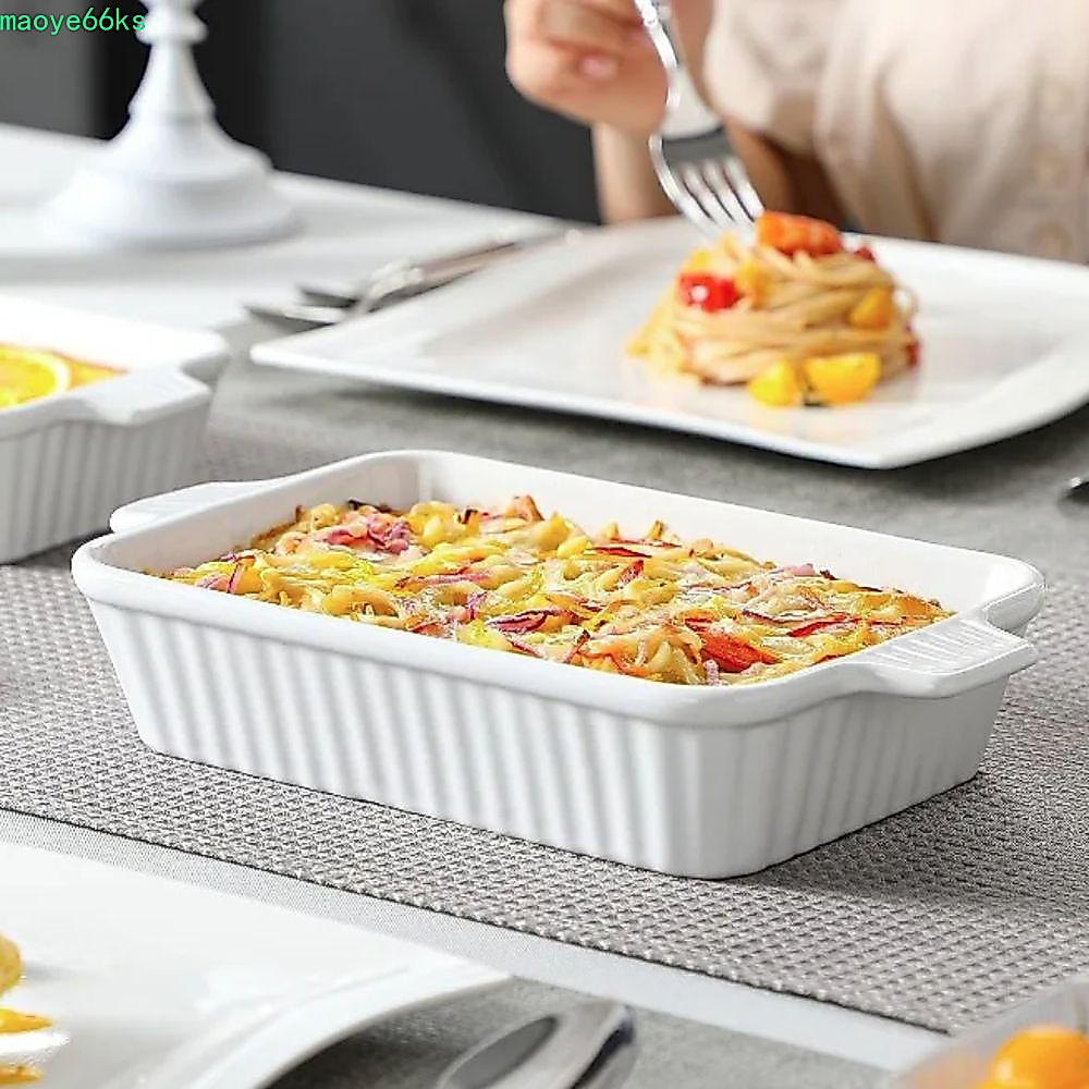 MAOYE ถาดอบเซรามิก, จานอบลึกทรงสี่เหลี่ยม, ลายแถบทนทานพร้อมที่จับ Lasagna Pan Roast Chicken