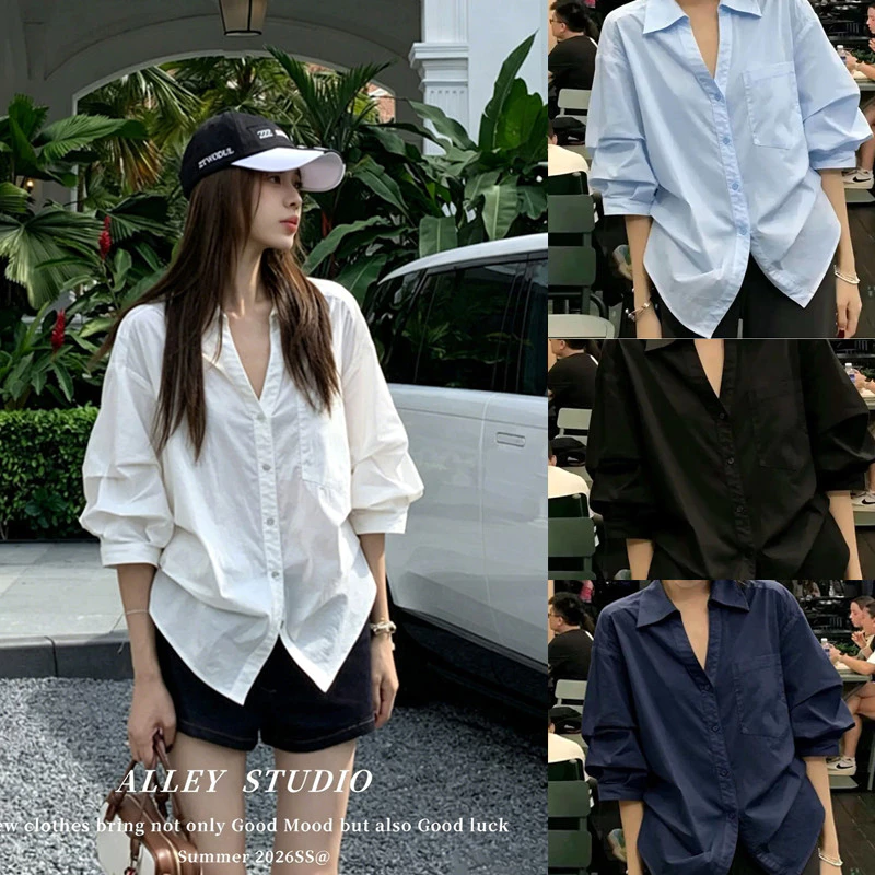 Cuties 99470 เสื้อเชิ้ตแขนยาว คอวี เสื้อเชิ้ตลำลองคอปก ทรงหลวม สไตล์เกาหลี สําหรับผู้หญิง พร้อมส่ง
