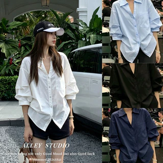 Cuties 99470 เสื้อเชิ้ตแขนยาว คอวี เสื้อเชิ้ตลำลองคอปก ทรงหลวม สไตล์เกาหลี สําหรับผู้หญิง พร้อมส่ง