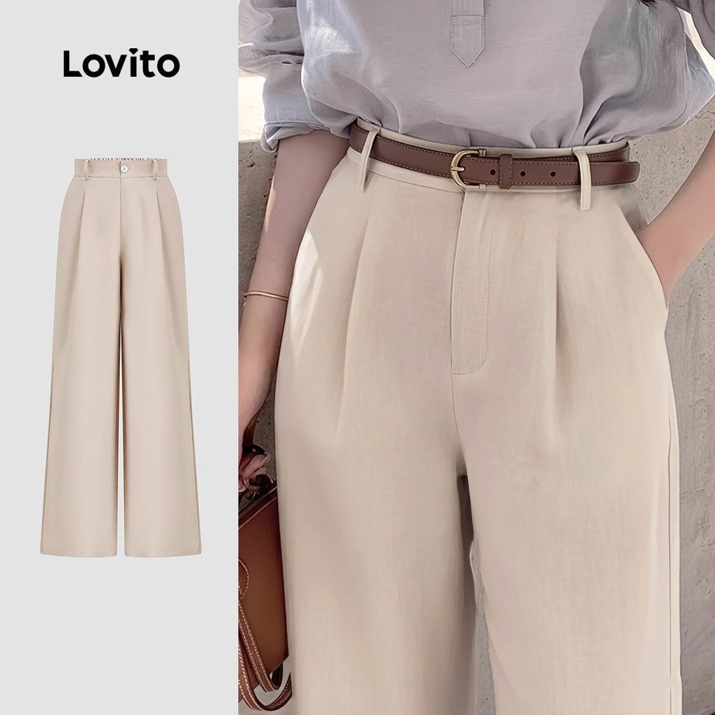 Lovito สง่างาม กางเกงผู้หญิงฤดูใบไม้ผลิ/ฤดูร้อน สีแอปริคอต มีกระดุมและซิป L171ED218
