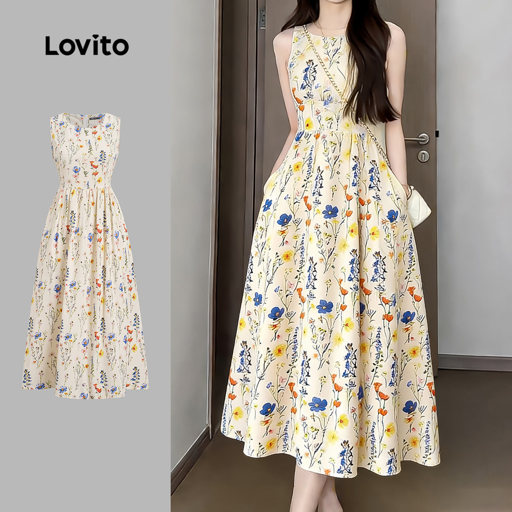Lovito โบโฮ ชุดเดรสโรแมนติกสำหรับวันสงกรานต์ ดีไซน์มีกระเป๋า ลายดอกไม้ สำหรับผู้หญิง LK4AD022