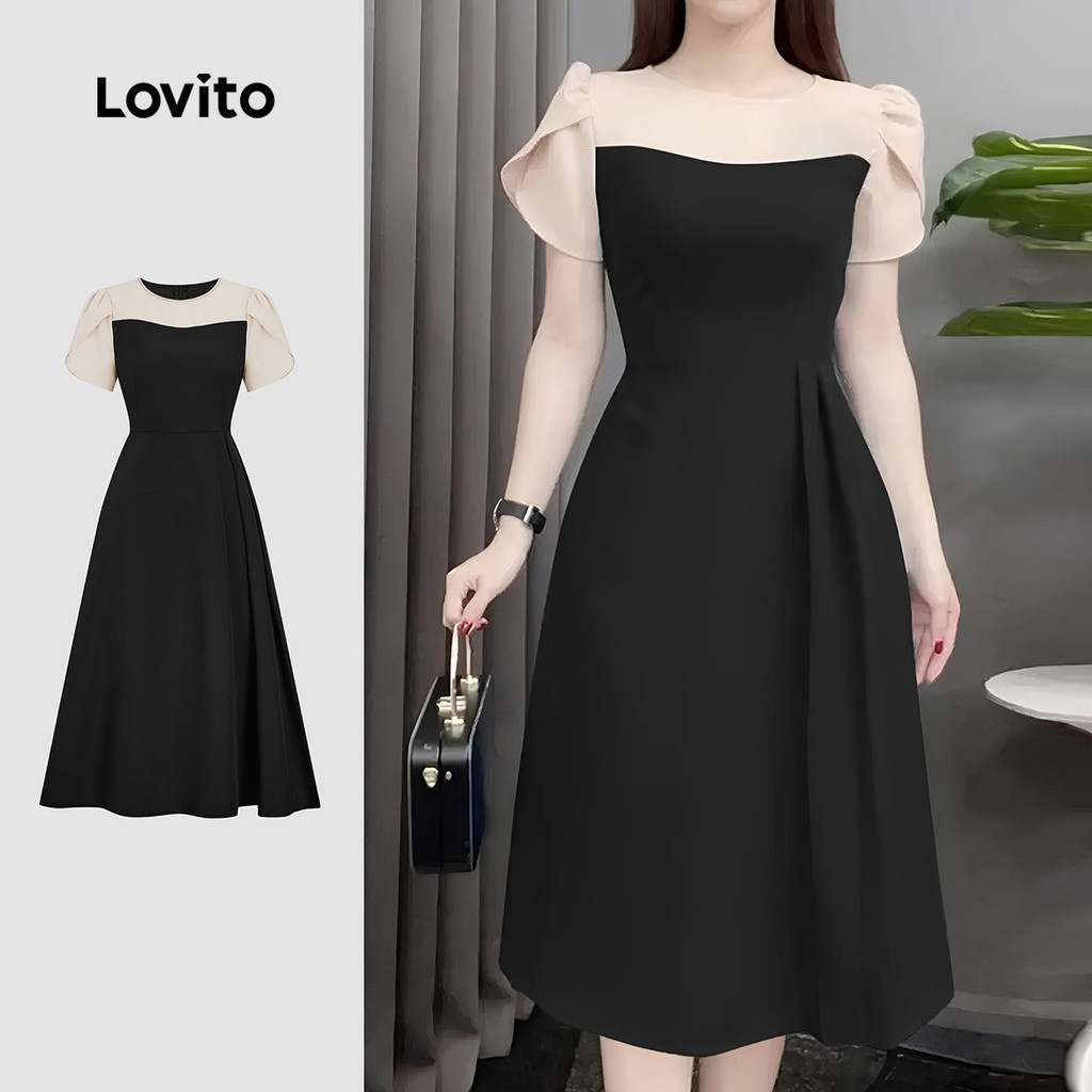Lovito ชุดสตรีฤดูใบไม้ผลิ/ฤดูร้อน สีบล็อก สง่างาม ชุดดำ L149LD470