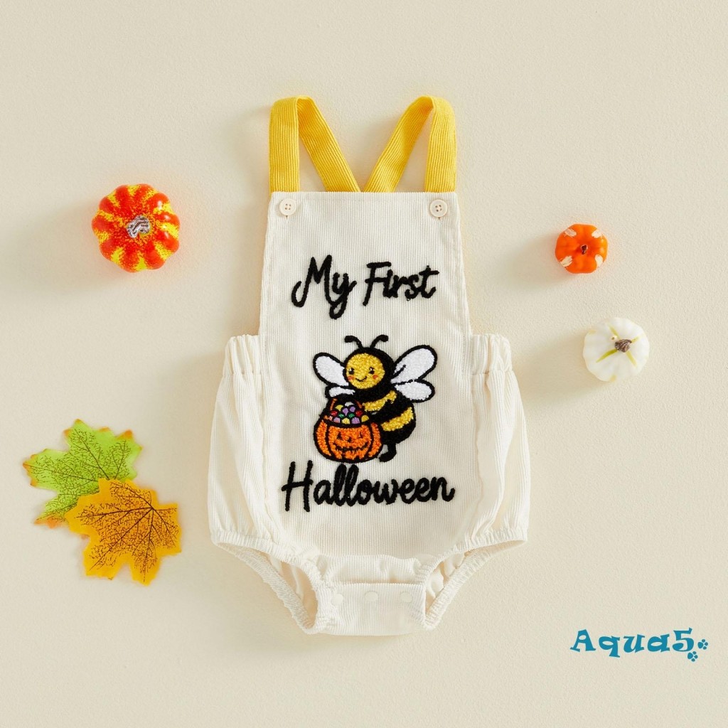 AQQ-จั๊มสูทฮาโลวีนสําหรับเด็กทารกเด็กผู้หญิงแขนกุดคอสี่เหลี่ยม Bee เย็บปักถักร้อย Corduroy Bubble Ro
