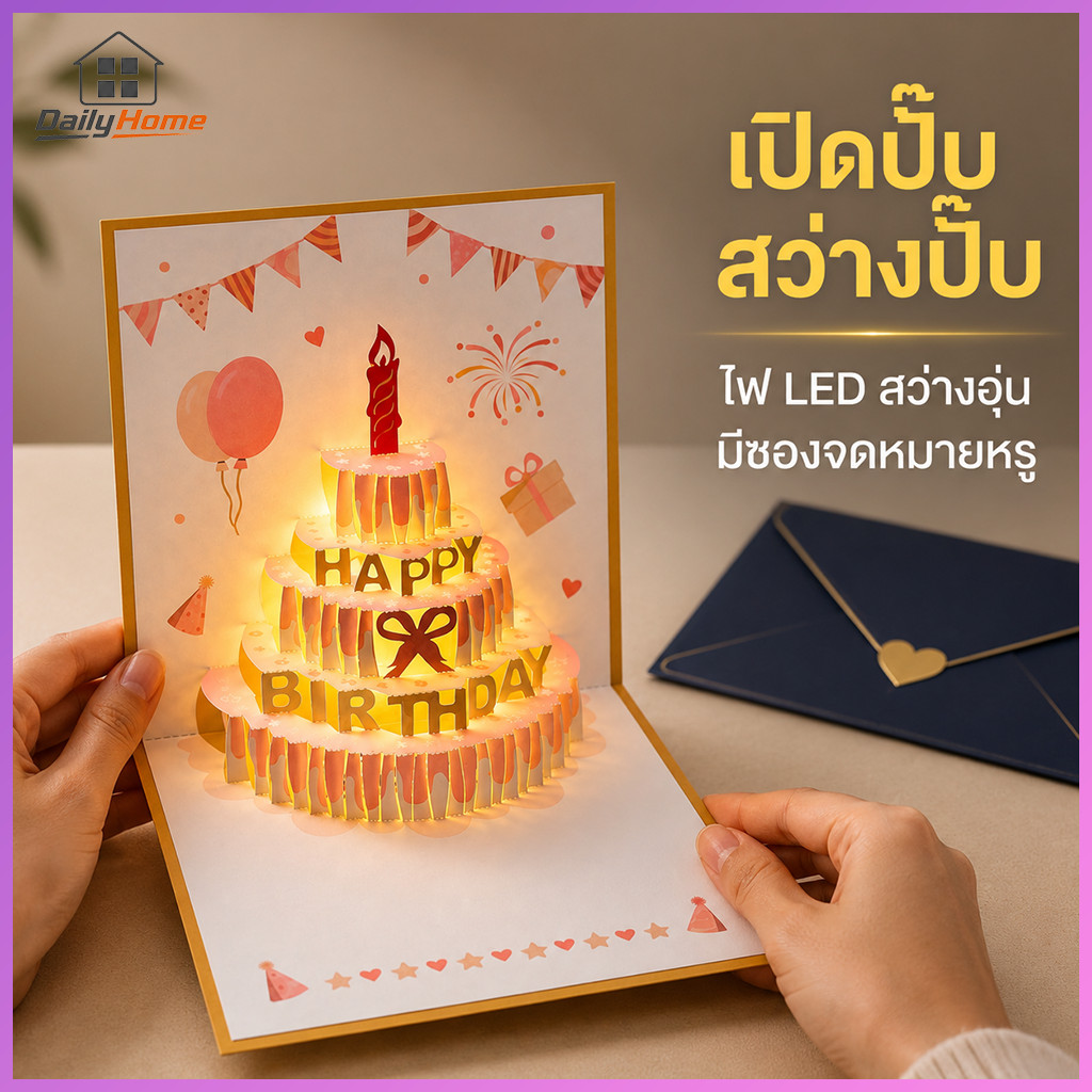 DailyHome การ์ดวันเกิด LED มีเพลง มีไฟ เอฟเฟกต์ 3 มิติ มาพร้อมการ์ดข้อความ ของขวัญวันเกิด