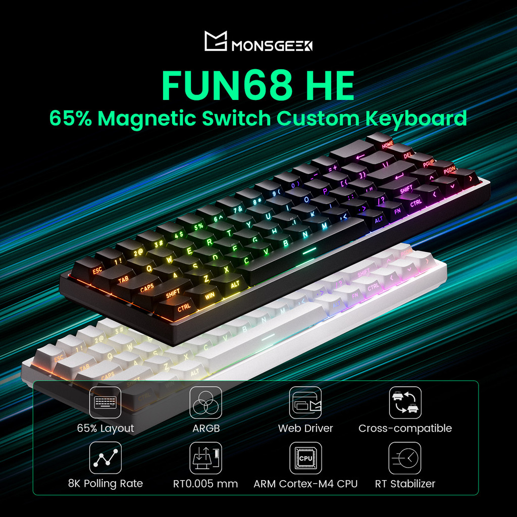 FUN68 HE Magnetic Switch Mechanical Keyboard Type-C/2.4G&BT Wireless 65% Rapid Trigger 0.005mm 8K Cu