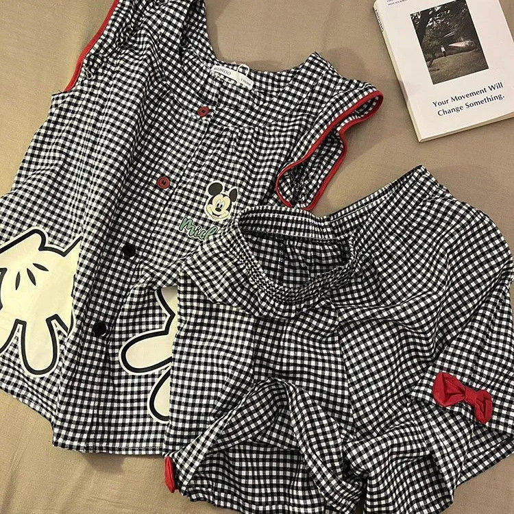 ชุดนอนชุดนอนลายมิกกี้เมาส์ผ้าเมฆแขนปีกขาสั้นลายตารางเซตแนวหวานชุดโฮม​