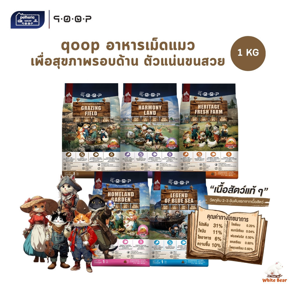 qoop อาหารแมวคูปป์ ผลิตจากเนื้อสัตว์แท้ เพื่อสุขภาพน้องแมว ไม่มีกลูเตน ขนาด 1 Kg