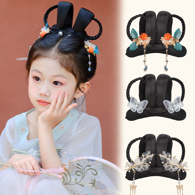 วิกผมถักเปียสำหรับคอสเพลย์จีน อันฟู่ พร้อมหูฟัง และอุปกรณ์แต่งผมสไตล์เจ้าหญิงโบราณ