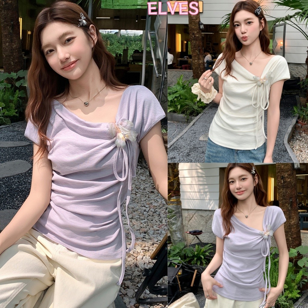 Elves พร้อม💟 เสื้อไหมพรม แขนสั้น สีพื้น ผ้านุ่มนิ่มสีพาสเทล บางเบายืดพอดี สไตล์เกาหลี "56519"
