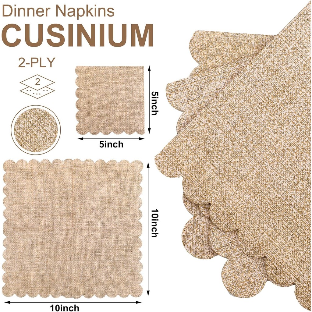 Panelee 100 ชิ้น Burlap ค็อกเทลขนมผ้าเช็ดปาก Rustic Scalloped กระดาษผ้าเช็ดปากตกแต่งจํานวนมากทิ้งผ้า