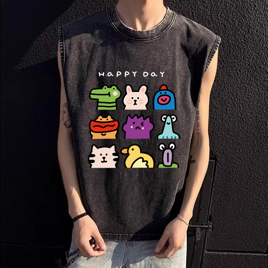 Sea.Tee แขนกุด เสื้อฟอก vest คอกลม ผ้าCotton 100% ชาย 'HAPPY DAY' 3XL