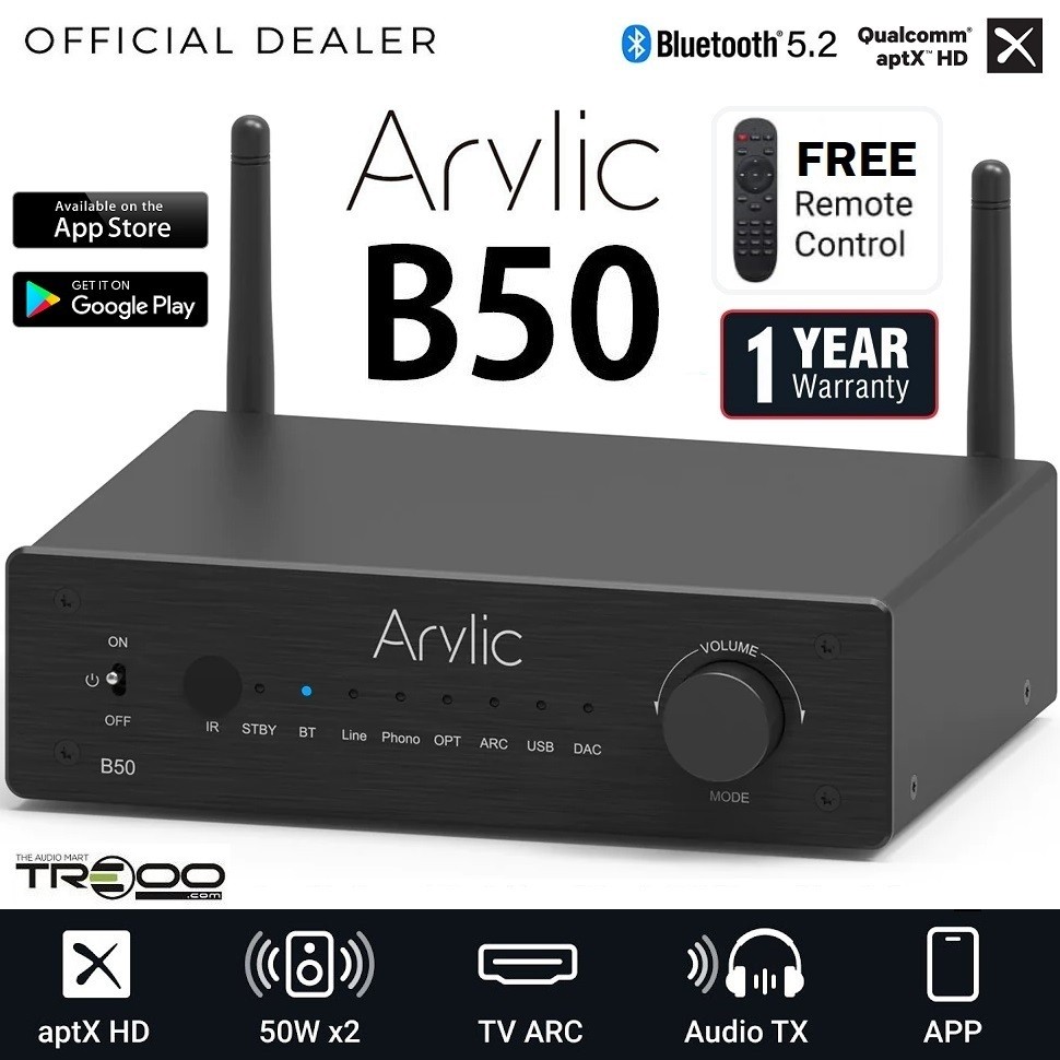 Arylic B50 เครื่องรับส่งสัญญาณบลูทูธ/Streamer HiFi เครื่องขยายเสียงและ USB DAC พร้อม HDMI และ Phono 