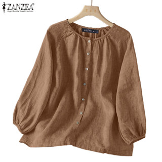ZANZEA เสื้อเชิ้ตผู้หญิงสไตล์เกาหลี คอลำลอง แขนยาว กะบุมแถวเ…