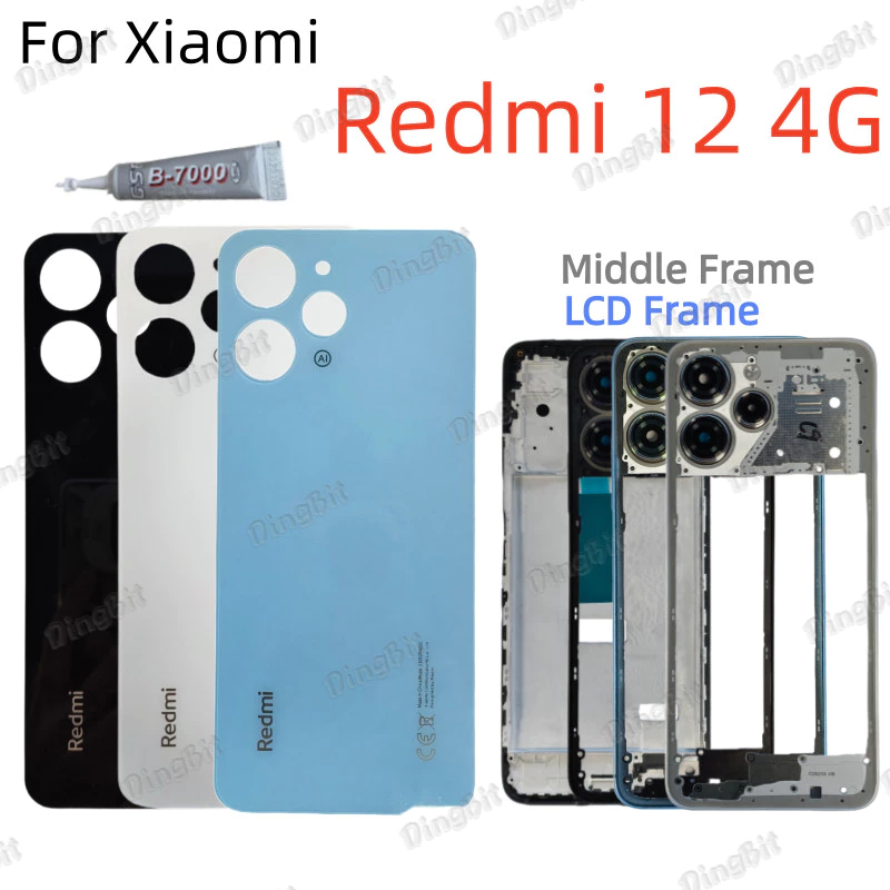 สําหรับ Xiaomi Redmi 12 4G 23053RN02A ฝาหลังแบตเตอรี่ฝาครอบกลางกรอบพร้อมปุ่มปรับระดับเสียงเลนส์ LCD กรอบด้านหน้า