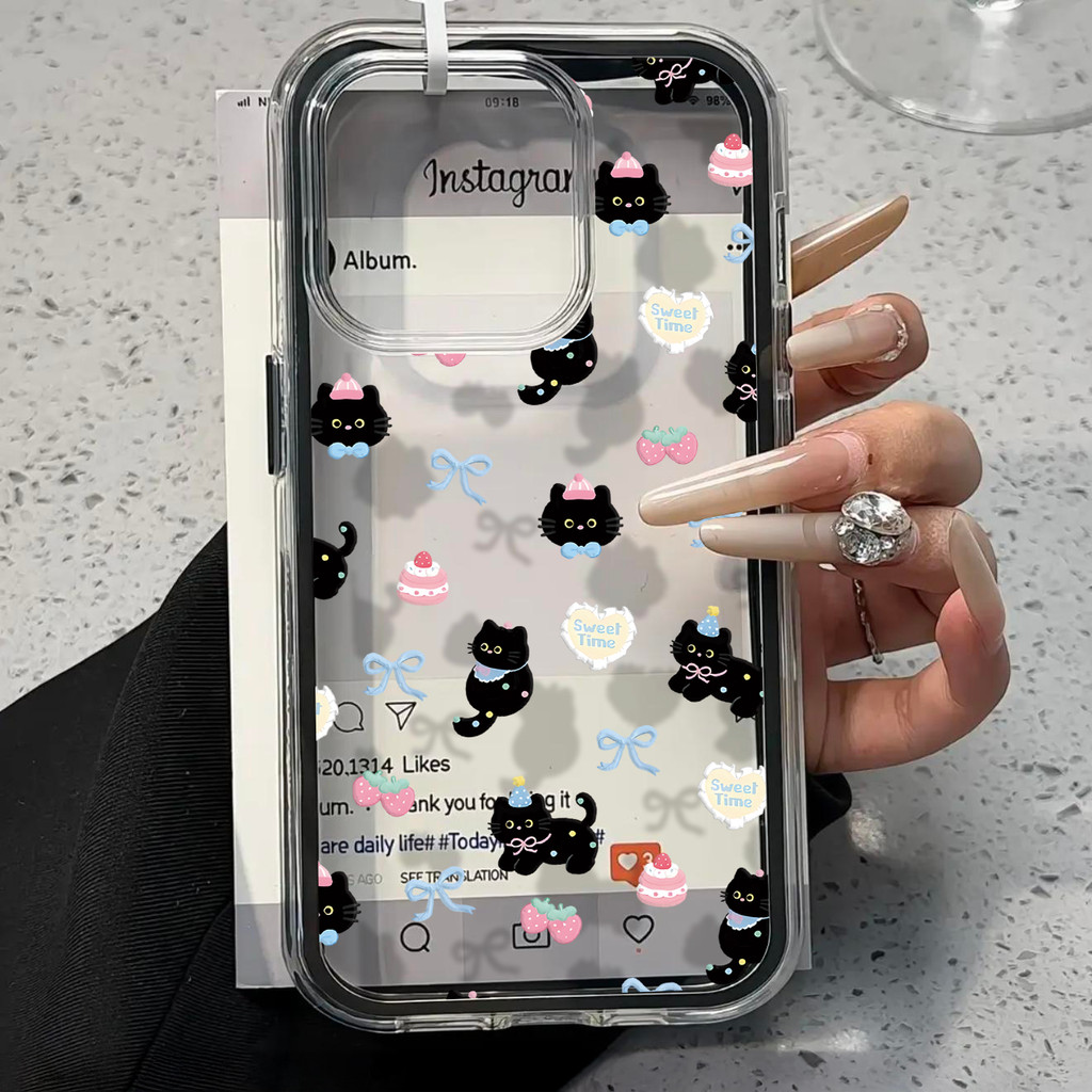 เคสไอโฟน11 การ์ตูนลูกแมวสีดำน่ารักโบว์ผูกนุ่ม สำหรับ IPhone 16 15 11 13 12 14 Pro Max 14 12 16 15 13 Pro 16 14 15 Plus