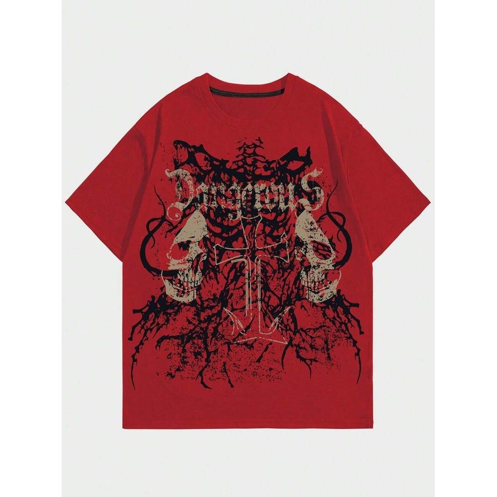 ROMWE MEN Grunge Punk Men's Skull Printed Round Neck T-Shirt, School