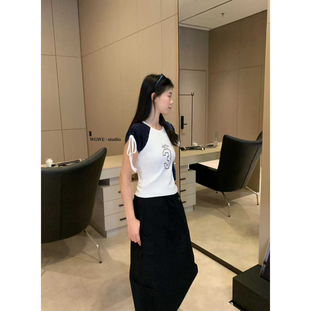 🧡🧵 🇰🇷 W6486 เสื้อแขนสั้น แต่งสลับสี สกรีนเลข 3 แต่งเชือกตรงแขน แฟชั่นเกาหลี TAG WG.WE 🧵🧡 - รูปที่ 3