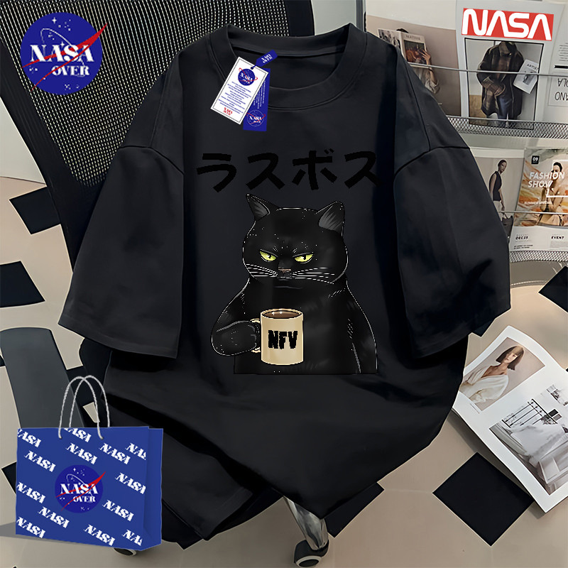 【พร้อมส่ง】🔥NASA ใส่ได้ทั้งชายหญิง ลายพิมพ์แมวดำสไตล์เท่ห์ 😎 ผ้าฝ้ายแท้100% เสื้อ