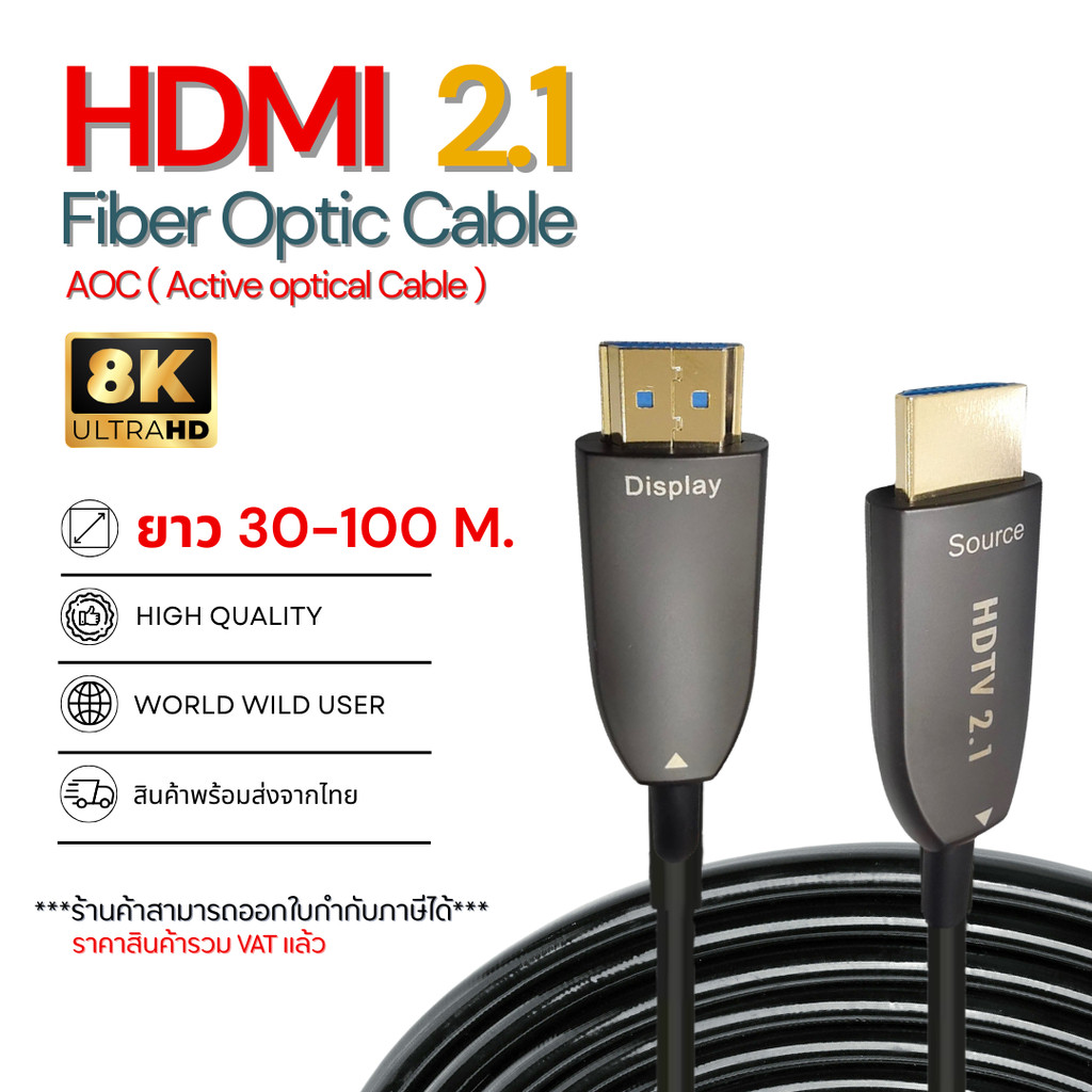 สาย HDMI 2.1 Fiber Optic AOC (Active Optical Cable) รองรับ 8K Ultra HD ความยาว 30-100 เมตร