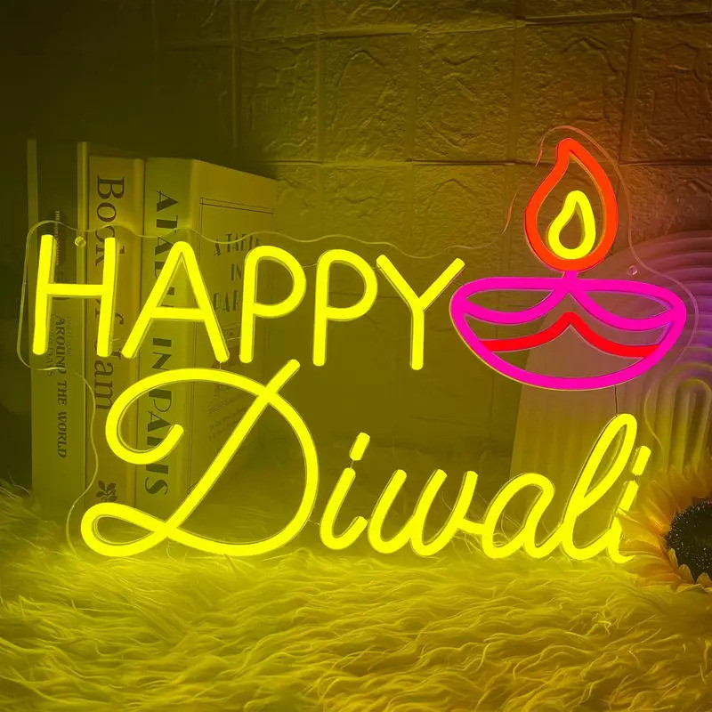 Happy Diwali Neon Sign USB หรี่แสงได้ LED นีออนสําหรับอินเดีย Diwali ฉากหลังผนังบ้านห้องนอน Party De