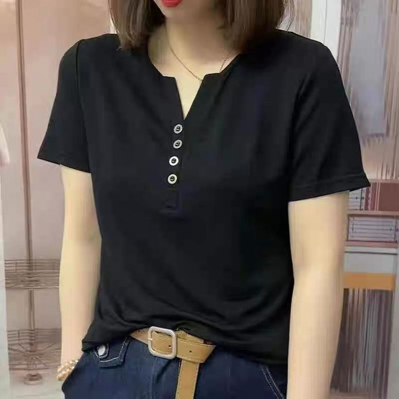 เสื้อยืดแขนสั้นสตรีสำหรับฤดูร้อน ทำจากผ้าไหมน้ำแข็ง สไตล์ลำลองและสวมใส่ง่าย