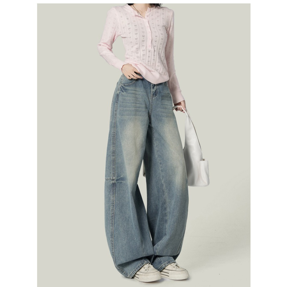 YODO กางเกงยีนส์สีน้ำเงินวินเทจหนาทรงลูกแพรย์คลุมสะโพกเอวต่ำดูผอมทรงมีดเคียว #6632 - รูปที่ 2