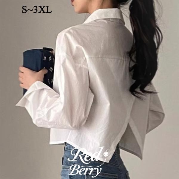 Red Berryเสื้อตัวบนเก๋ๆ สำหรับผู้หญิง ผ่าหลังเล็กและโชว์เอว เสื้อเชิ้ตแขนยาวสั้นบางไม่สมมาตรW411