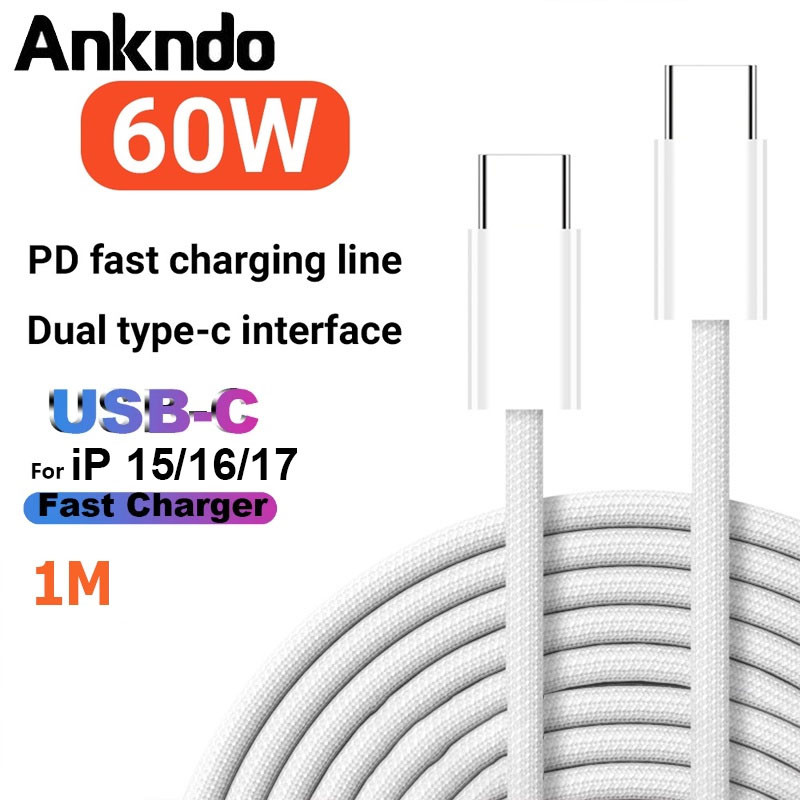 Ankndo Dual USB C สําหรับ iP 15/16/17 Pro Max PD 60W Fast Charging ประเภท C Type-C Fast Charger สําห