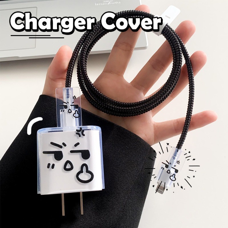 INS สนุก Emoji Clear Adapter สําหรับ IPhone 18W/20W Fast Charger Protector ฝาครอบสีดํา Data Line Win