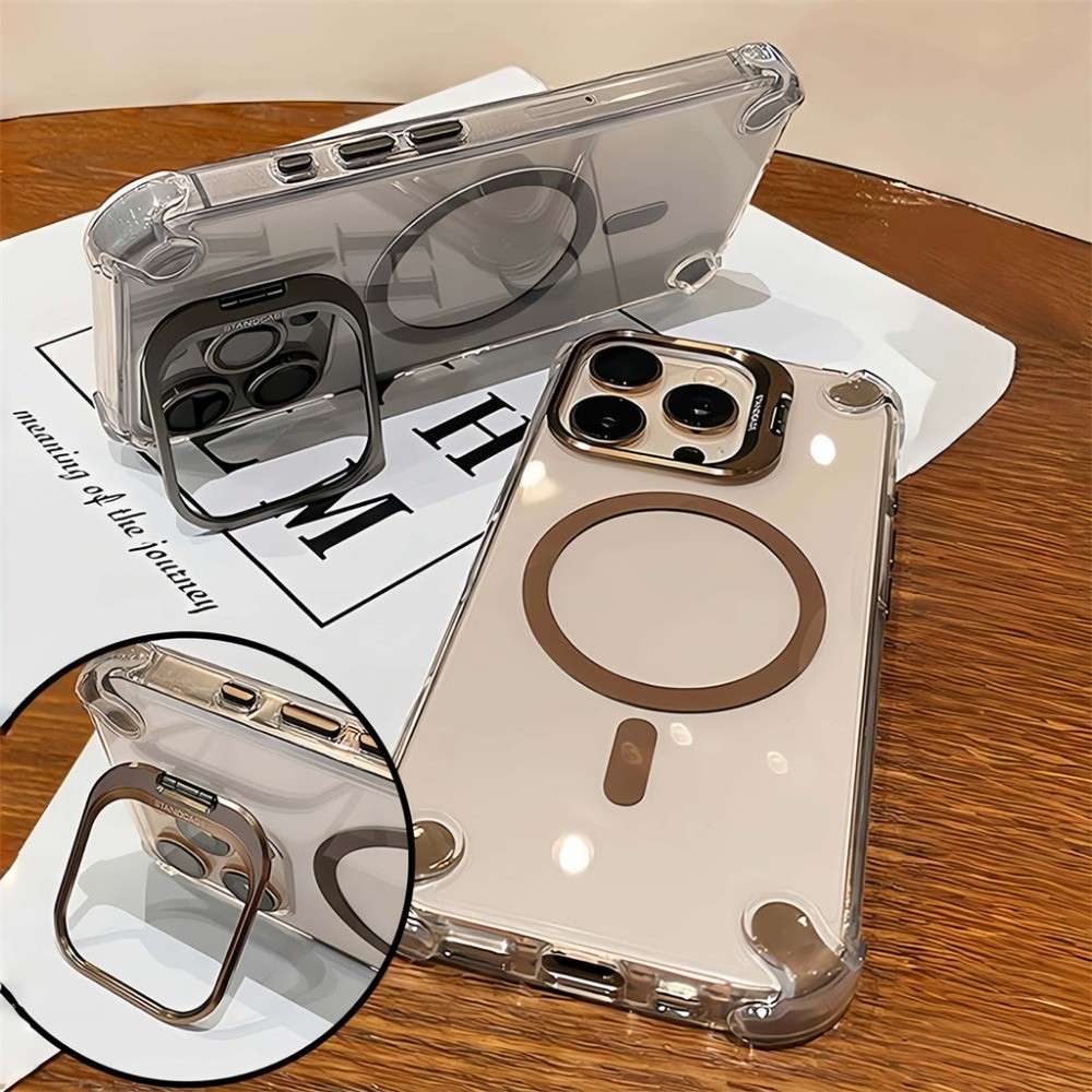Built in เลนส์ป้องกัน Flim ขาตั้งโลหะเคสโทรศัพท์แม่เหล็กสําหรับ iPhone 17 11 12 13 14 15 16 Pro Max Plus 17Air Cosmic สีส้มสี่มุมกันกระแทกปลอกใส PC ฝาหลัง