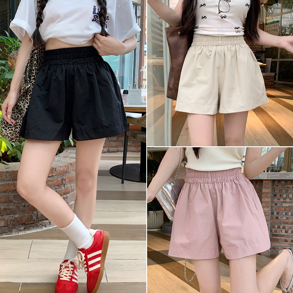 Hotgirl พร้อมส่ง กางเกง ขาสั้น กางเกงขาสั้นผู้หญิง เอวยางยืด เอวสูง ลำลองทรงหลวม ฤดูร้อน น่ารัก สีพื้น สไตล์เกาหลี