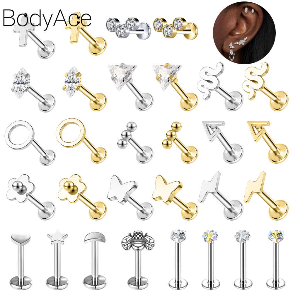 Bodyace ต่างหูสแตนเลสสตีล ขนาด 16G แบบคริสตัล ลายดอกไม้ สำหรับ Helix และ Lip Piercing