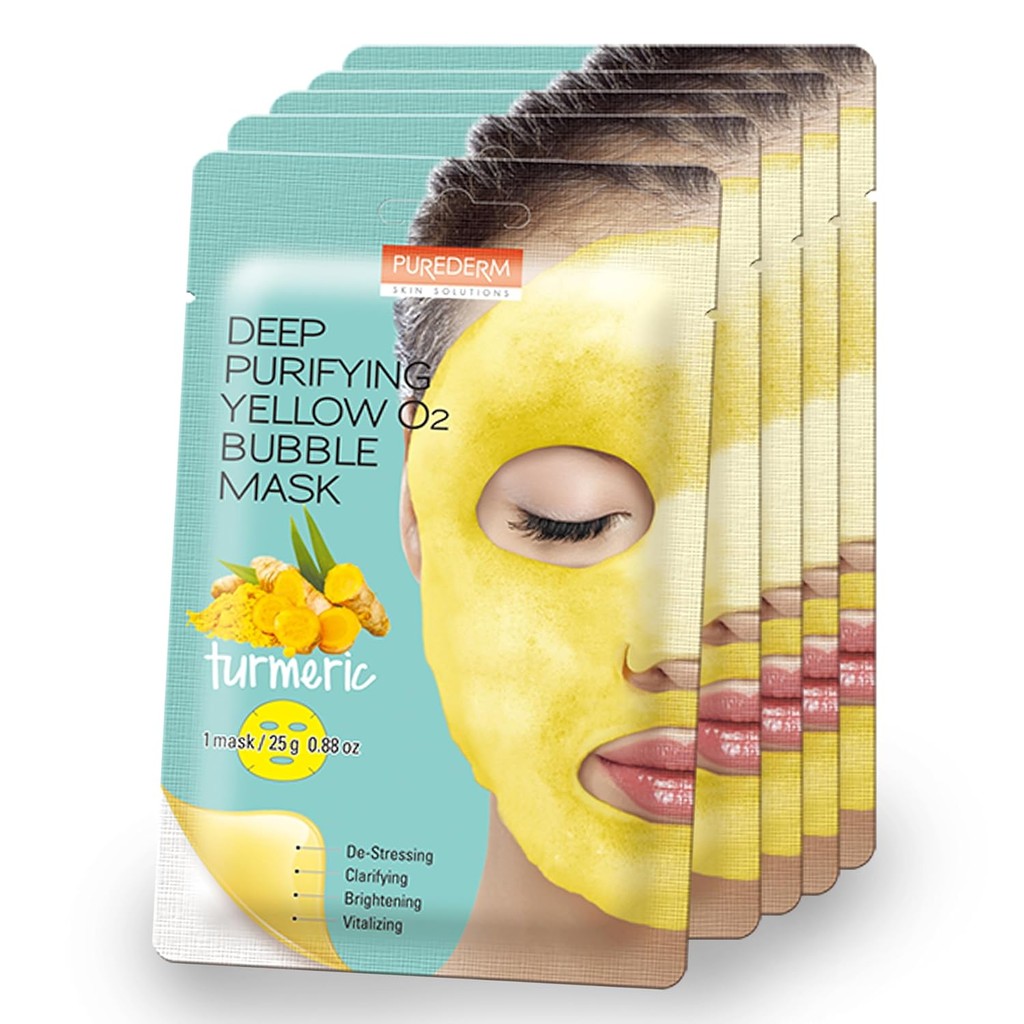 Purederm Deep Purifying Yellow O2 Bubble Mask ขมิ้น (5 แพ็ค) – Bubble Face Sheet Mask for Purifying 