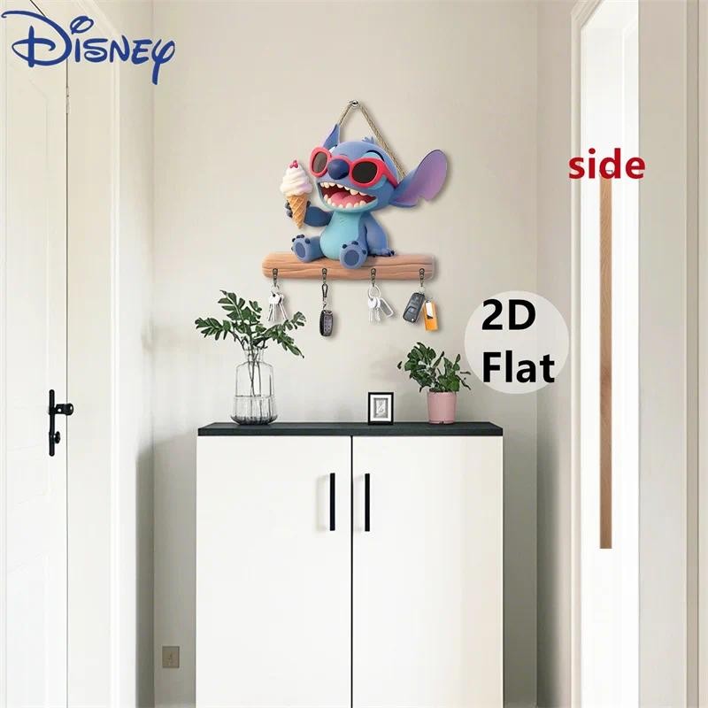 Disney Anime Stitch ตะขอกุญแจไม้การ์ตูน Stitch Eats Ice Cream Key Hook ตกแต่งของขวัญตกแต่งบ้าน