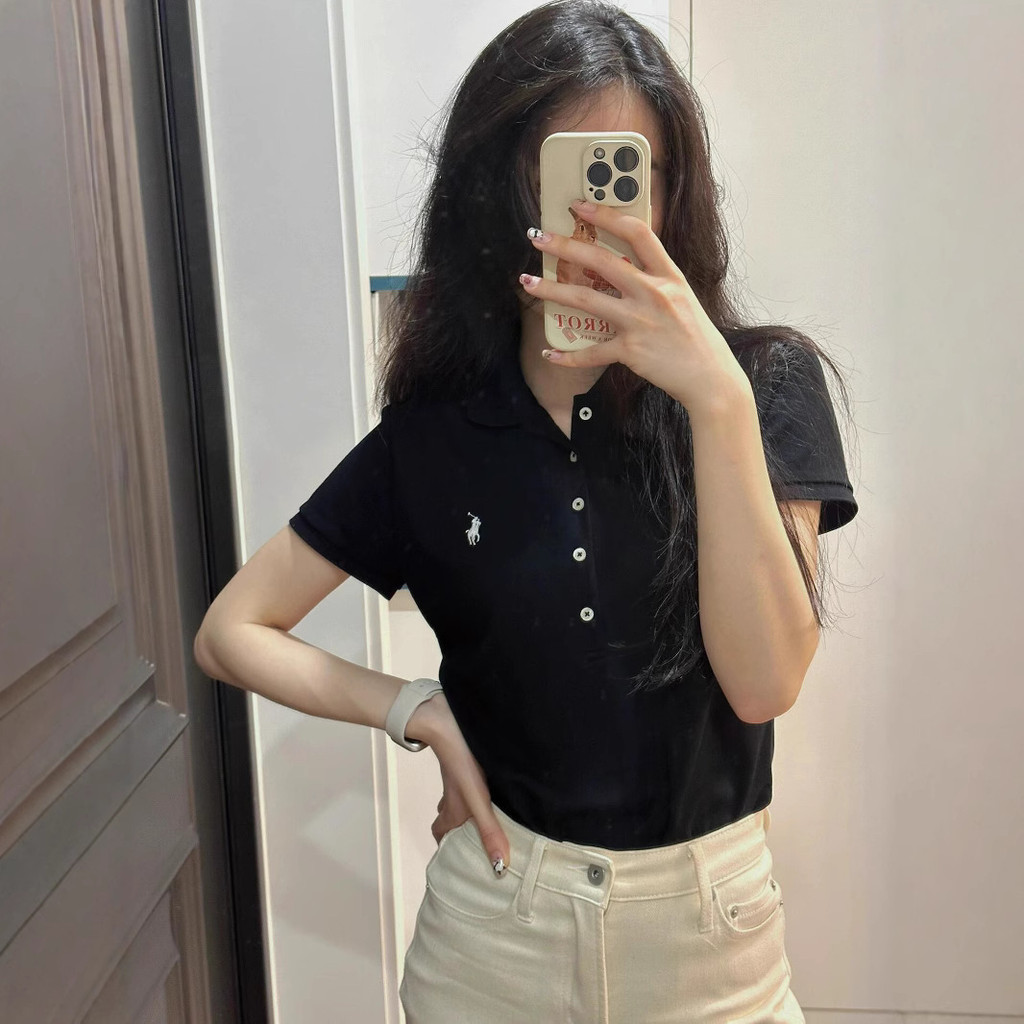 Ralph Lauren Ralph Pony Label ปักห้าปุ่มผ้าฝ้ายแท้เสื้อโปโลผู้หญิงเสื้อยืดแขนสั้นด้านบน