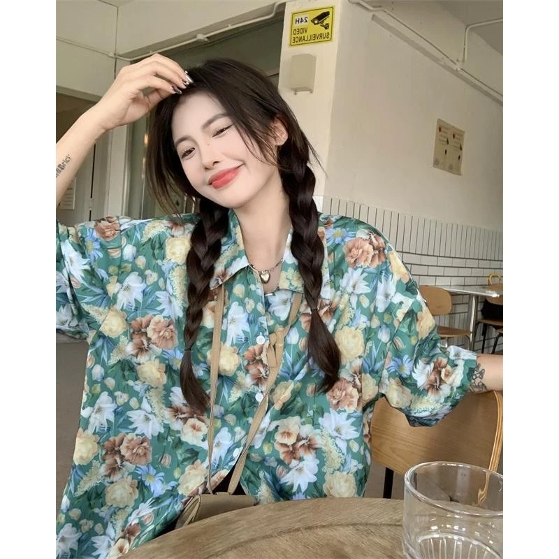 Hotgirl เสื้อเชิ้ตฮาวายผู้หญิง ลายดอกไม้ แขนสั้น ทรงหลวม thumbnail 3