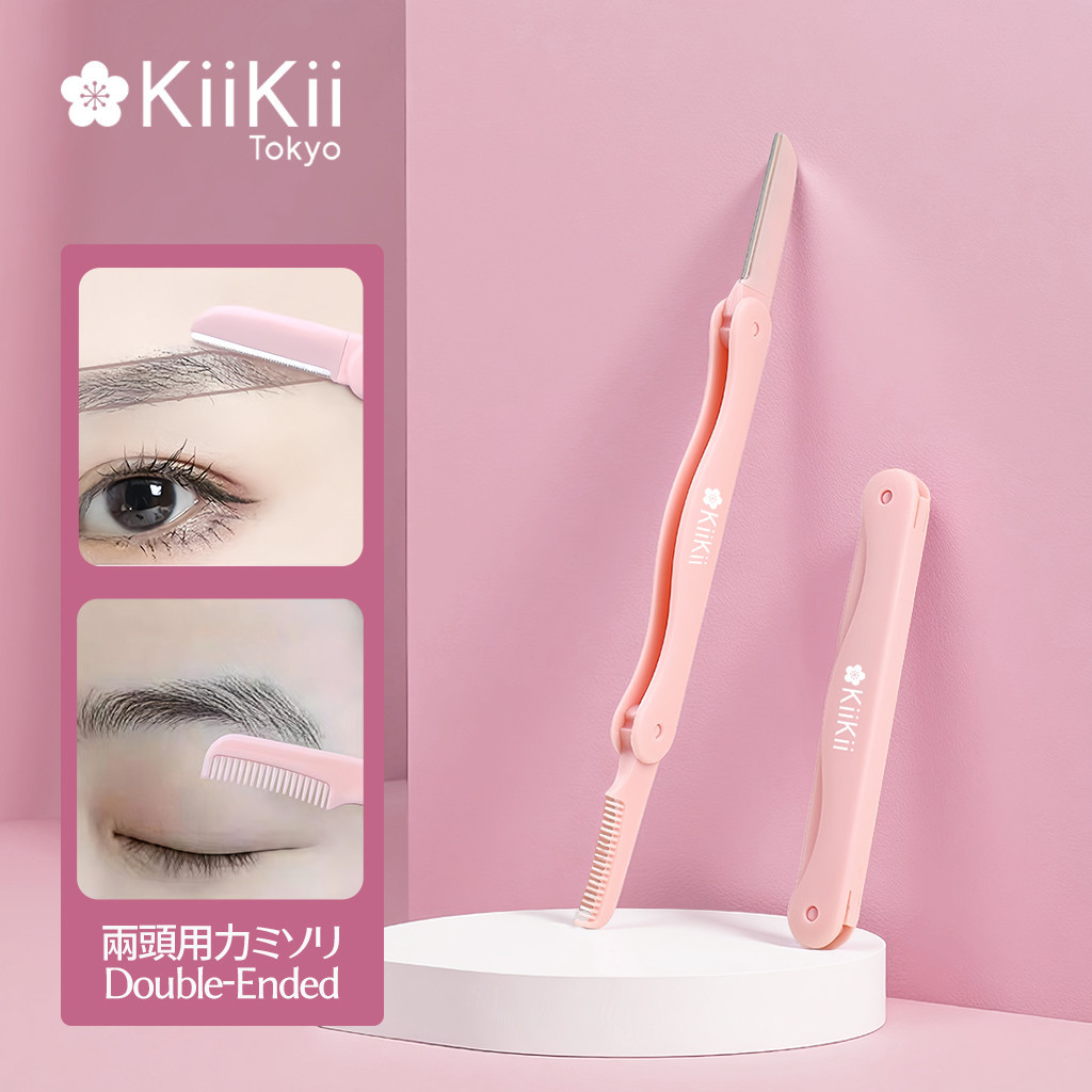 KiiKii Beauty กันคิ้ว มีดกันคิ้ว แบบพกพา พับเก็บได้ หัวคู่ใช้งาน ด้านมีดโกนและด้านหวี 3 ชิ้น