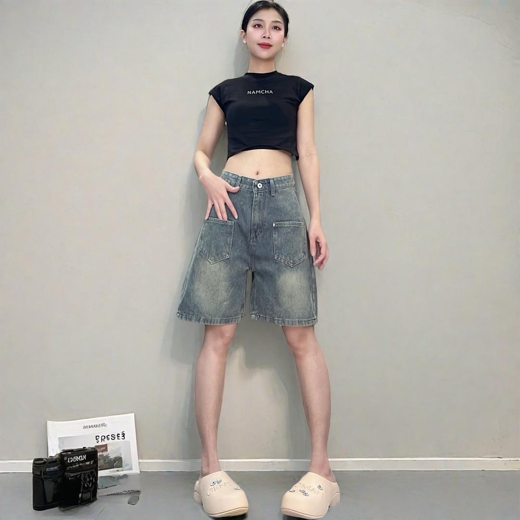 NAMCHA กางเกงยีนส์ กางเกงยีนส์สามส่วน ยีนส์สามส่วนยีนส์ขาสั้น  #-7756-1