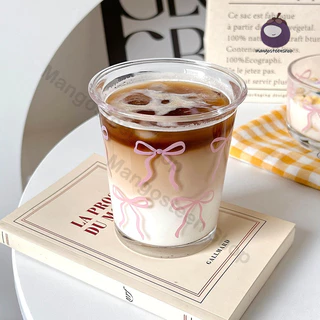 แก้วคาเฟ่ลายโบว์สีชมพู แก้วน้ำ แก้วกาแฟ แก้วนมใส สไตล์เกาหลี น่ารัก เหมาะร้านกาแฟ