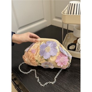 กระเป๋าคลัทช์ผ้าลินินลายดอกไม้สำหรับผู้หญิง ประดับคริสตัลระย…